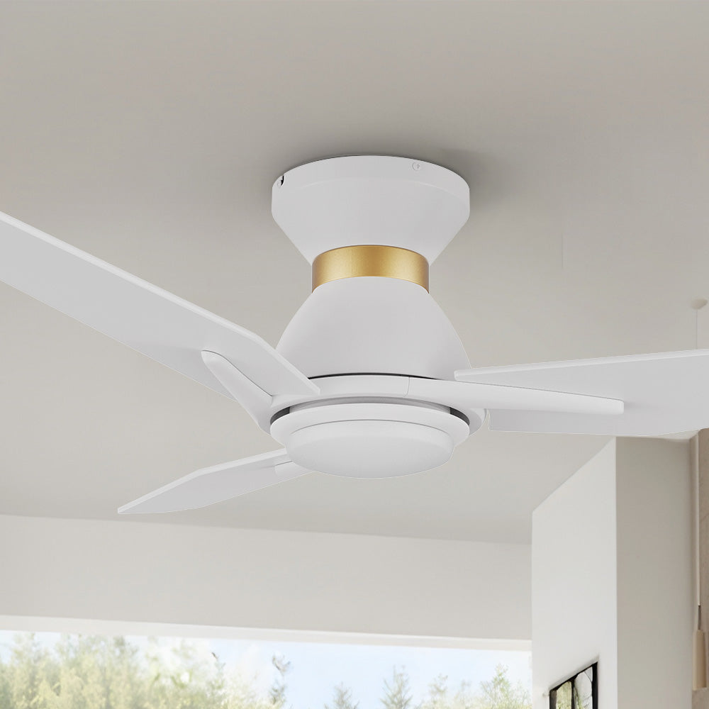 Carro Smafan Brooks 48 inch smart ceiling fans design with white and gold finish, use elegant Plywood blades and has an integrated 4000K LED daylight. 