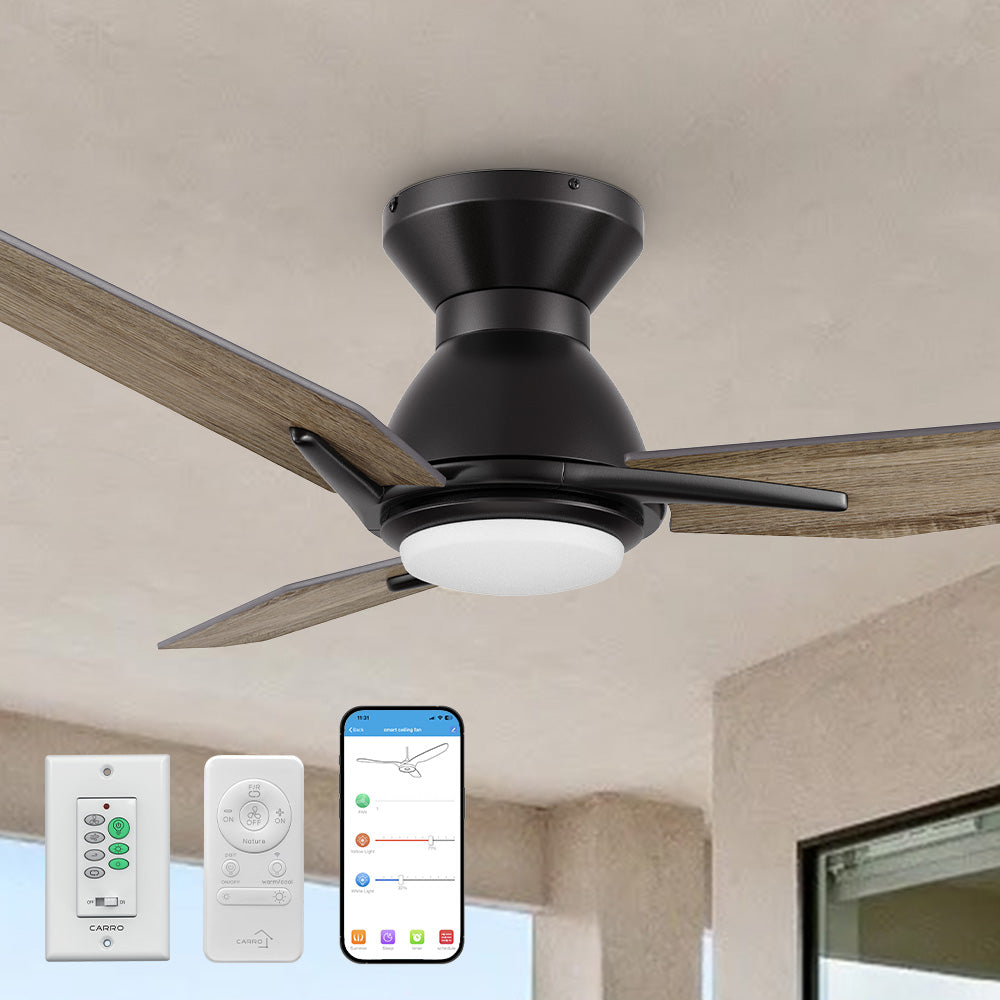 Modern flush mount 52-inch smart ceiling fan from Smafan Carro, shown installed in a covered outdoor space. Features three wood finish blades, integrated LED light, and matte black motor housing. Includes wall control, handheld remote, and app-based smart control via smartphone. 