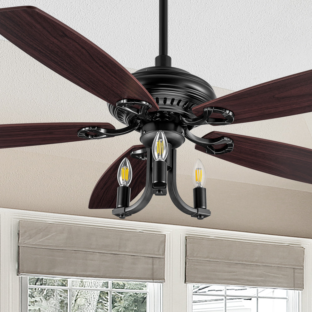 Carro Bryson 52 inch ceiling fan design with black finish, use elegant Plywood blades and compatible with LED bulb(Not included). #color_carmael-wood
