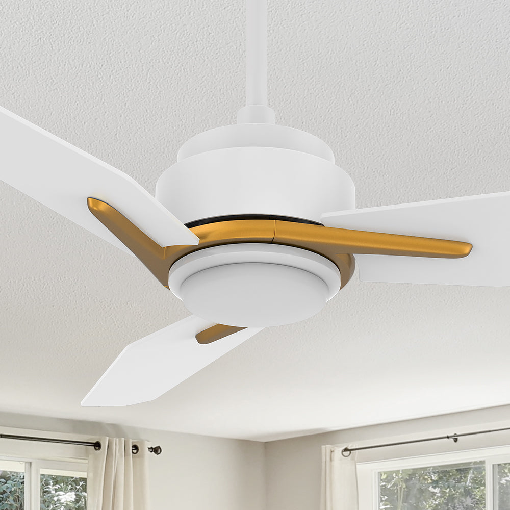 A modern Bryza 44 inch white and gold ceiling fan with a light kit, mounted on a textured ceiling in a room with neutral walls, windows with curtains, and natural light coming through. 