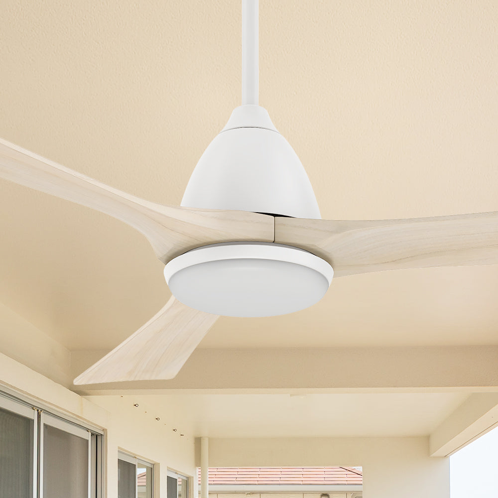  Carro Cadiz 52 inch smart outdoor ceiling fan with White finish, elegant solid wood blades and an integrated 4000K LED daylight. 