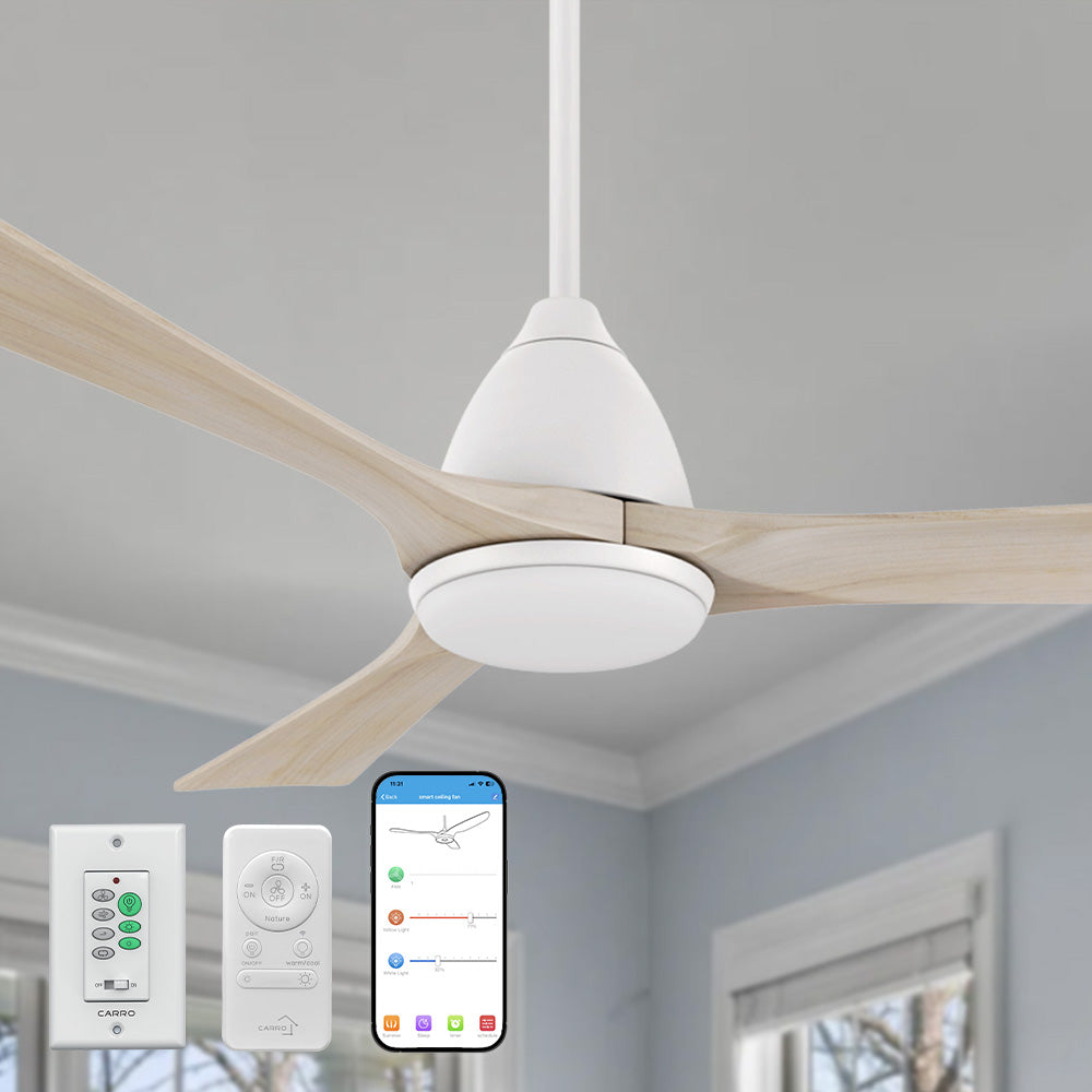Modern white smart ceiling fan with light and remote control, styled with 3 natural light wood blades. The lower diagram displays triple control access options including a wireless remote, hardware wall switch, and mobile smart app interface. 