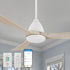 Modern white smart ceiling fan with light and remote control, styled with 3 natural light wood blades. The lower diagram displays triple control access options including a wireless remote, hardware wall switch, and mobile smart app interface. 