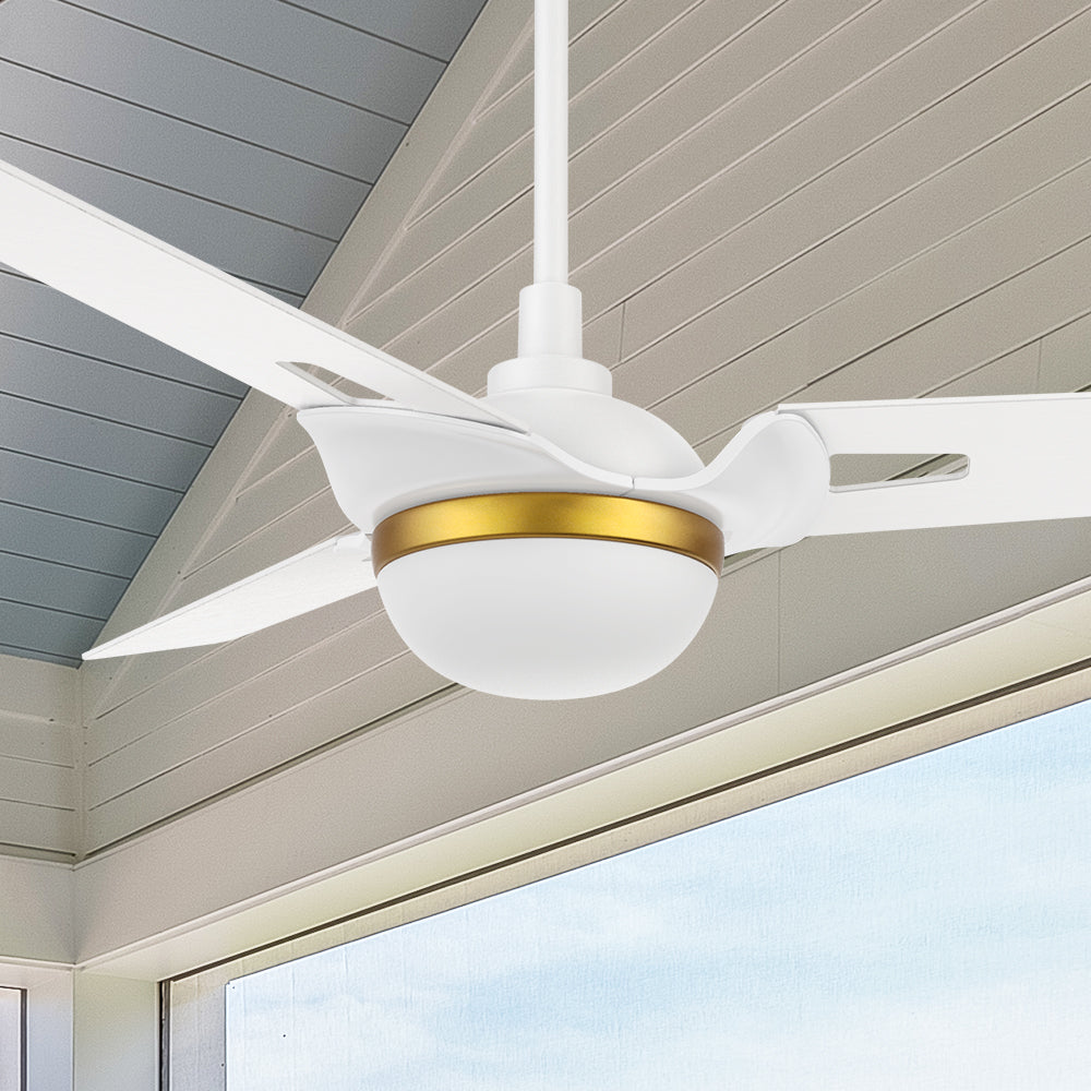 Carro Clifden 52 inch smart outdoor ceiling fan designed with White finish, use elegant Plywood blades and has an integrated 4000K LED daylight. 