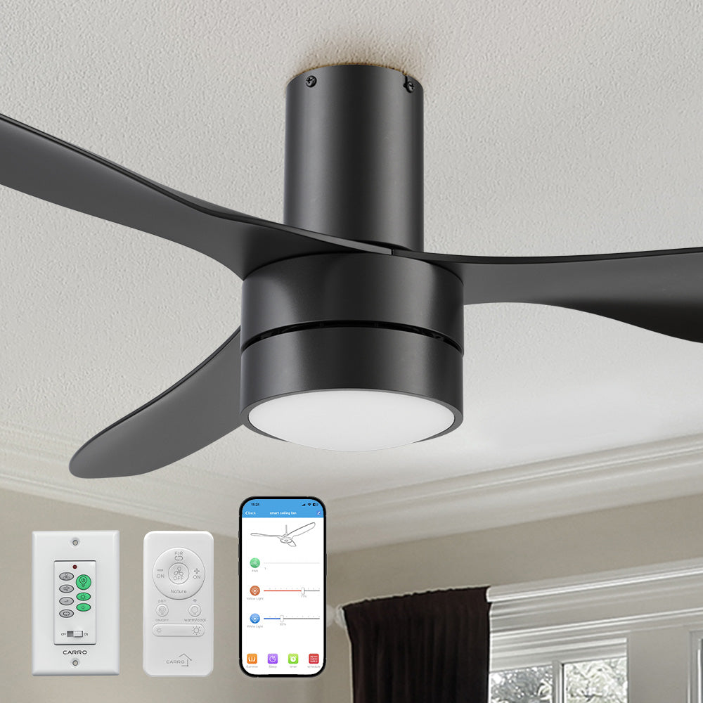 Carro Coleman 52 inch smart ceiling fan low profile design, with black finish, strong ABS blades, wall switch, remote and app phone control. 