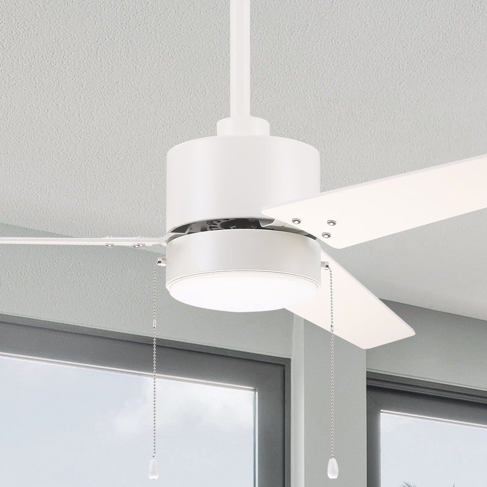 Carro Dulac 52 inch pull-chain ceiling fan design with White finish, elegant Plywood blades and integrated 3000K LED warm light. 