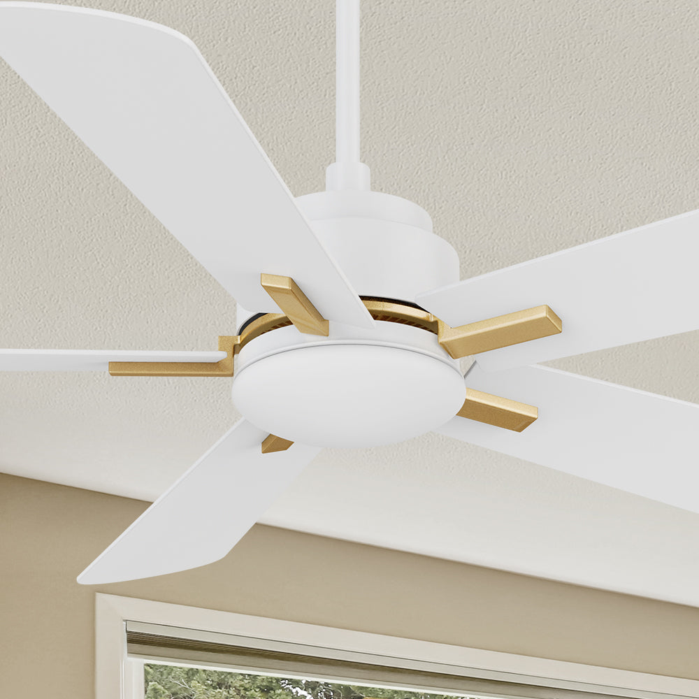 Carro Elgin 52 inch smart outdoor ceiling fan with light designed with white and gold finish, elegant Plywood blades and integrated 4000K LED cool light. #color_white