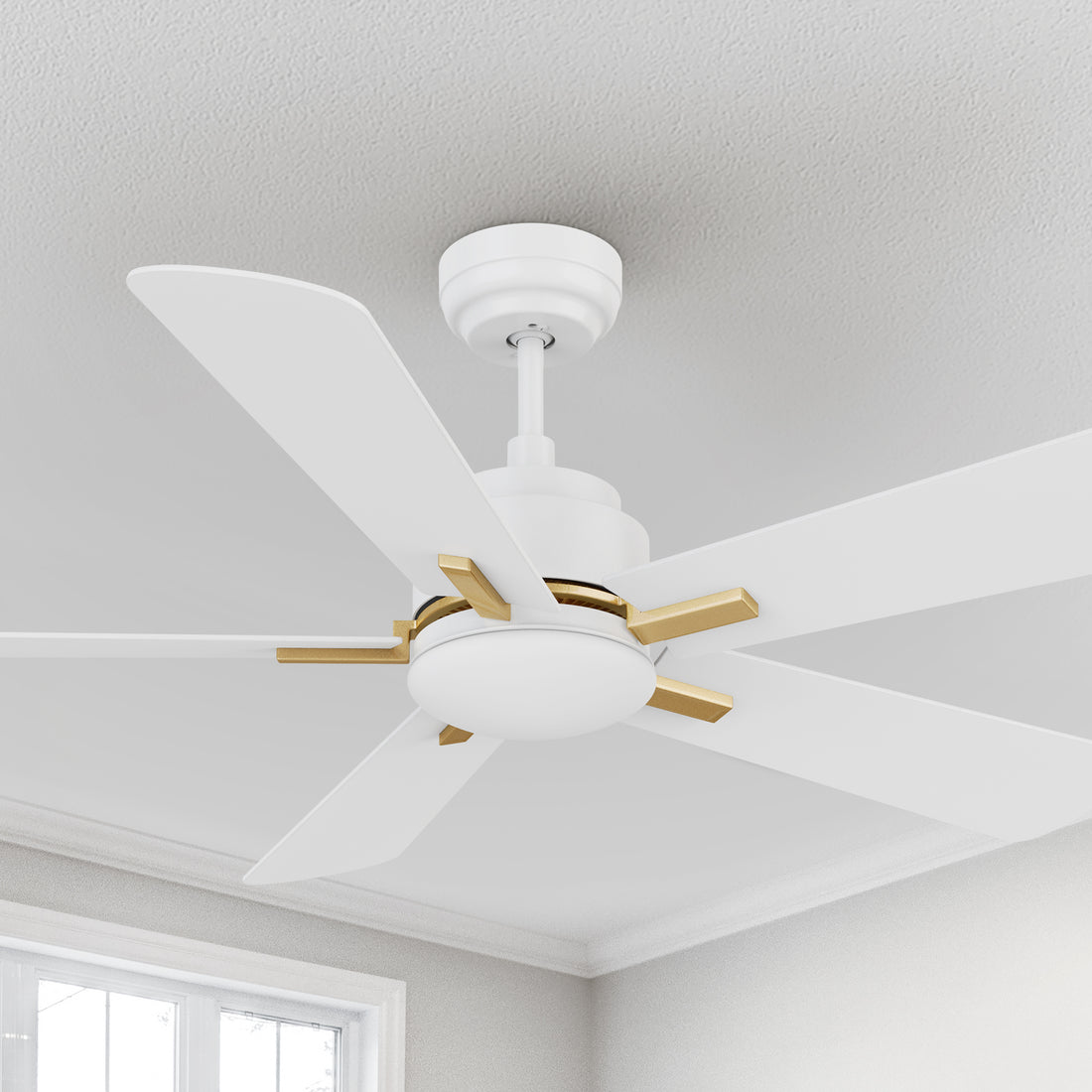 Carro Elgin 52 inch smart outdoor ceiling fan with light designed with white and gold finish, elegant Plywood blades and integrated 4000K LED cool light. 
