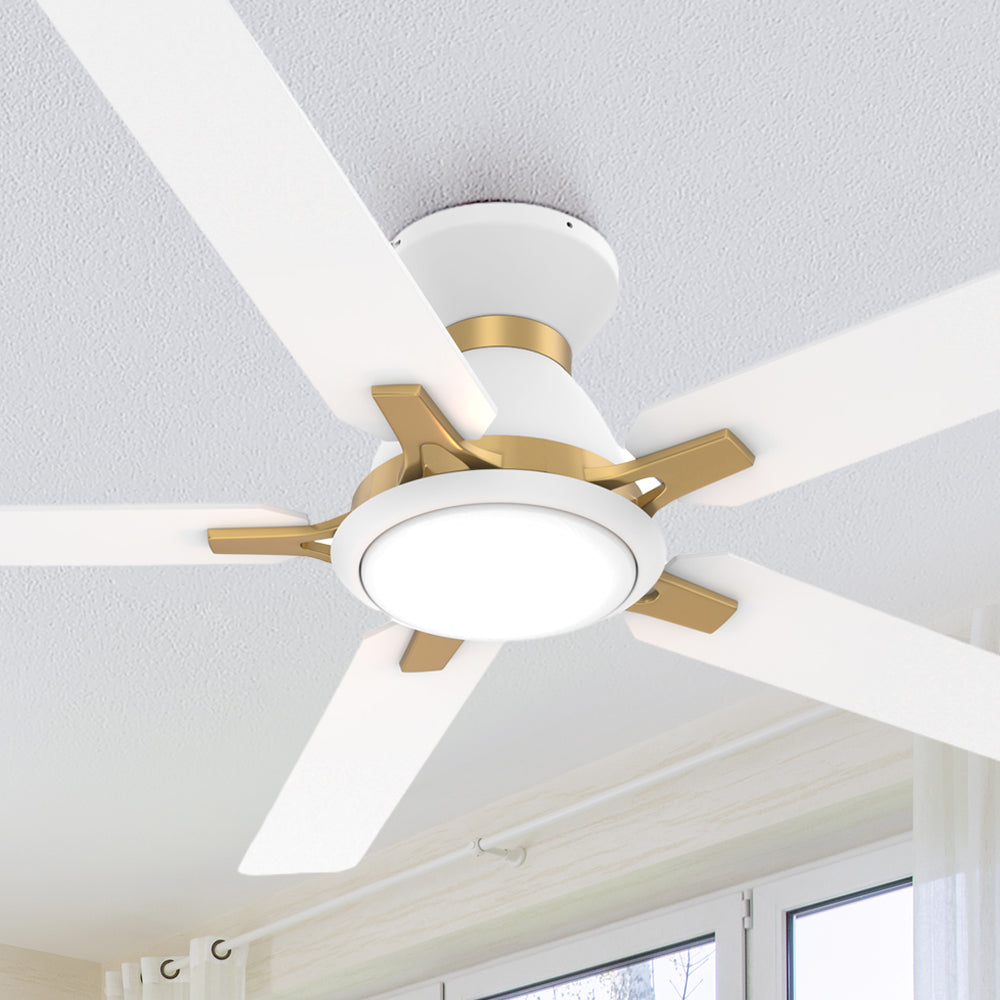 Smafan Essex 52 inch flush mount smart ceiling fans with light design with white and gold  finish, use elegant plywood blades, glass shade and has an integrated 4000K LED daylight. #color_White