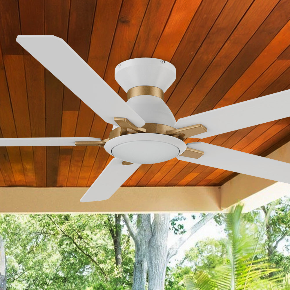 Smafan Essex 52 inch flush mount smart ceiling fans with light design with white and gold finish, use elegant plywood blades, glass shade and has an integrated 4000K LED daylight. 
