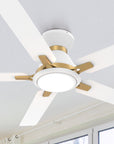 Smafan Essex 52 inch flush mount smart ceiling fans with light design with white and gold  finish, use elegant plywood blades, glass shade and has an integrated 4000K LED daylight. 