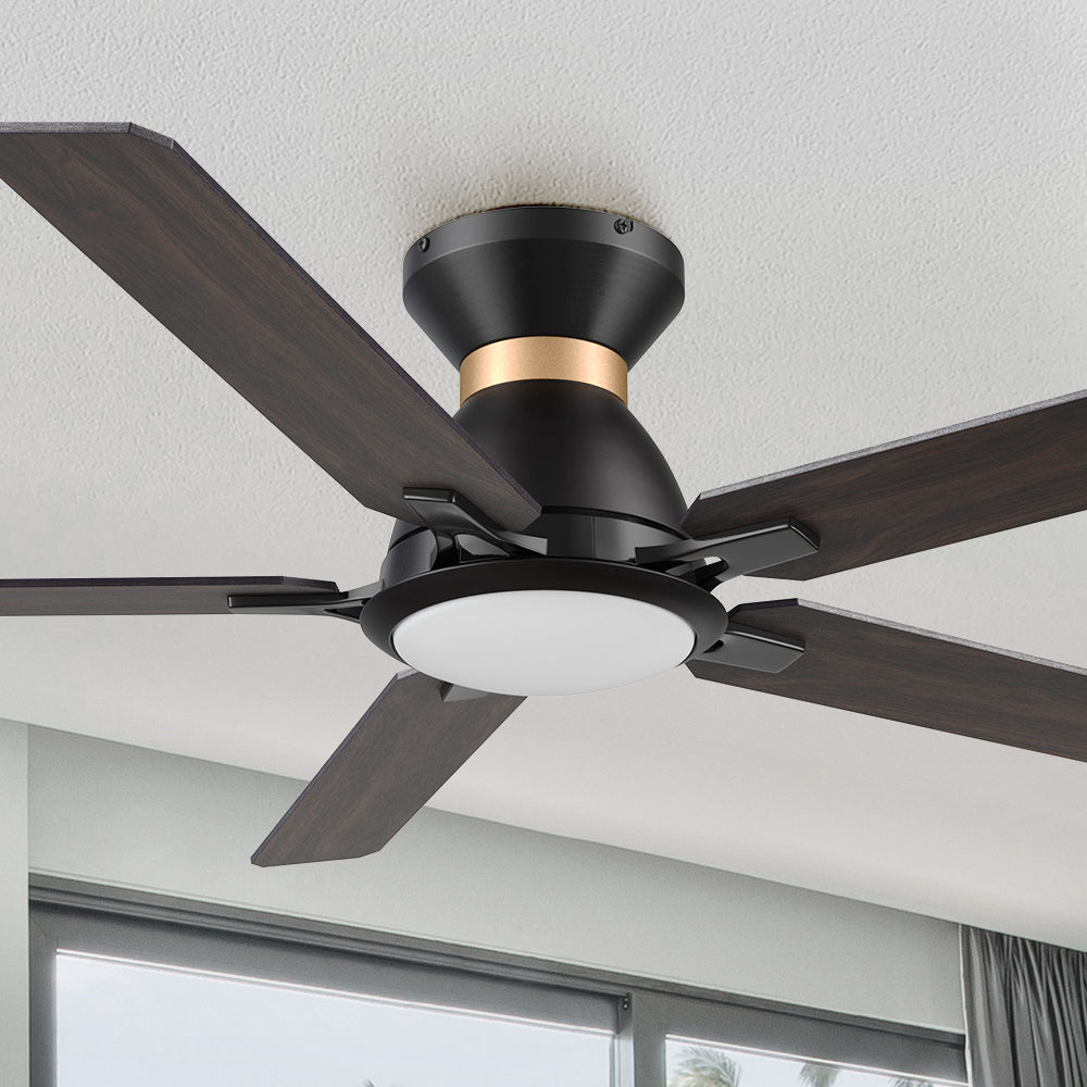 Smafan Essex 52 inch flush mount smart ceiling fans with light design with dark wood finish, use elegant plywood blades, glass shade and has an integrated 4000K LED daylight. #color_Dark-Wood
