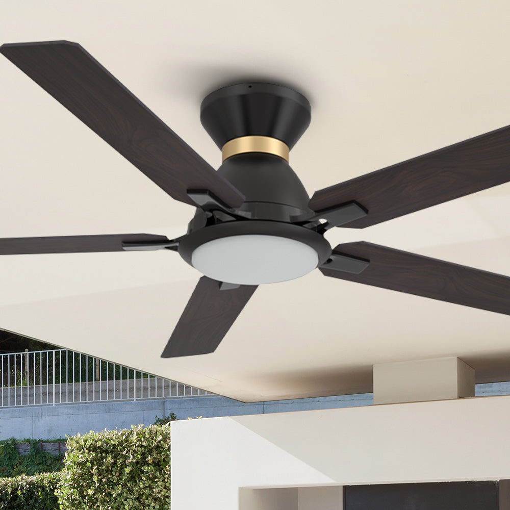 Smafan Essex 52 inch flush mount smart ceiling fans with light design with dark wood finish, use elegant plywood blades, glass shade and has an integrated 4000K LED daylight. 