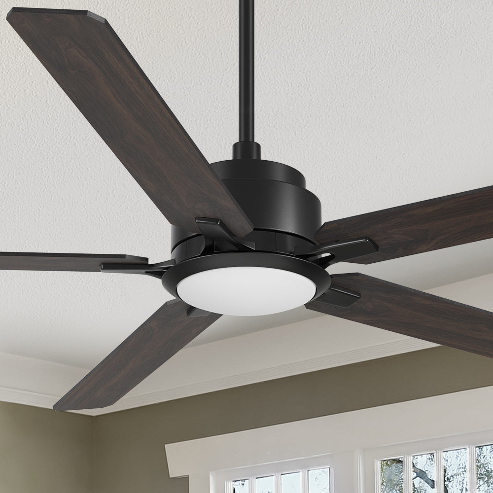 Carro Essex 56 inch smart ceiling fan with dark wood finish, elegant Plywood blades and integrated 4000K LED cool light.