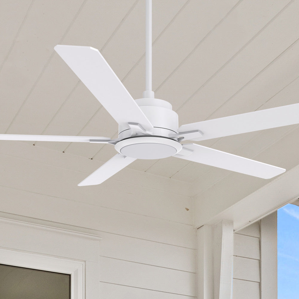 Carro Essex 60 inch smart ceiling fan with white finish, elegant Plywood blades and integrated 4000K LED cool light. 