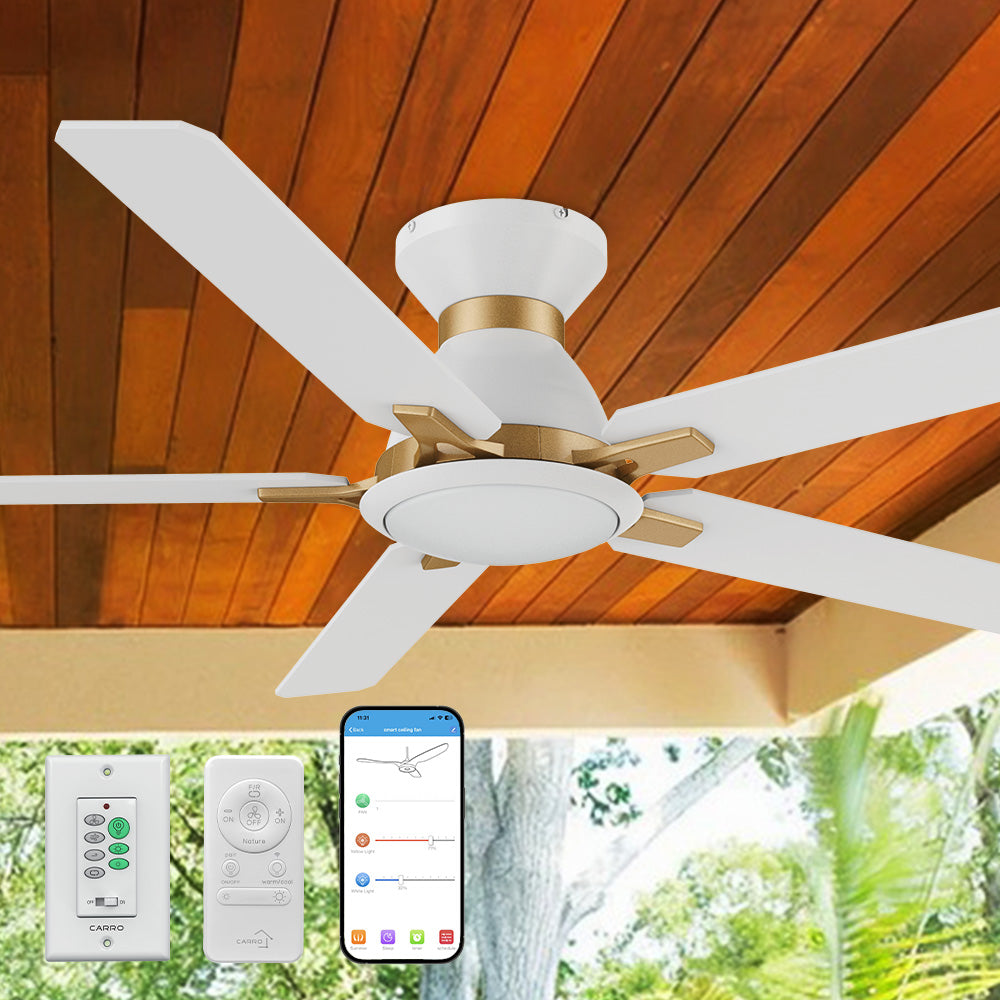 Smafan Essex 52 inch flush mount smart ceiling fans with light design with white and gold finish, use elegant plywood blades, glass shade and has an integrated 4000K LED daylight. 
