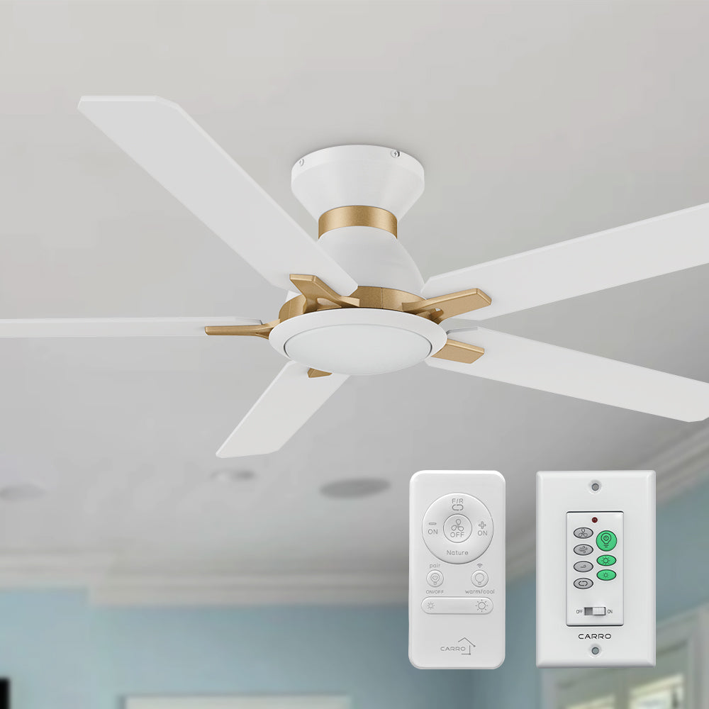 Smafan Essex 52 inch flush mount smart ceiling fans with light design with white and gold finish, use elegant plywood blades, glass shade and has an integrated 4000K LED daylight. 