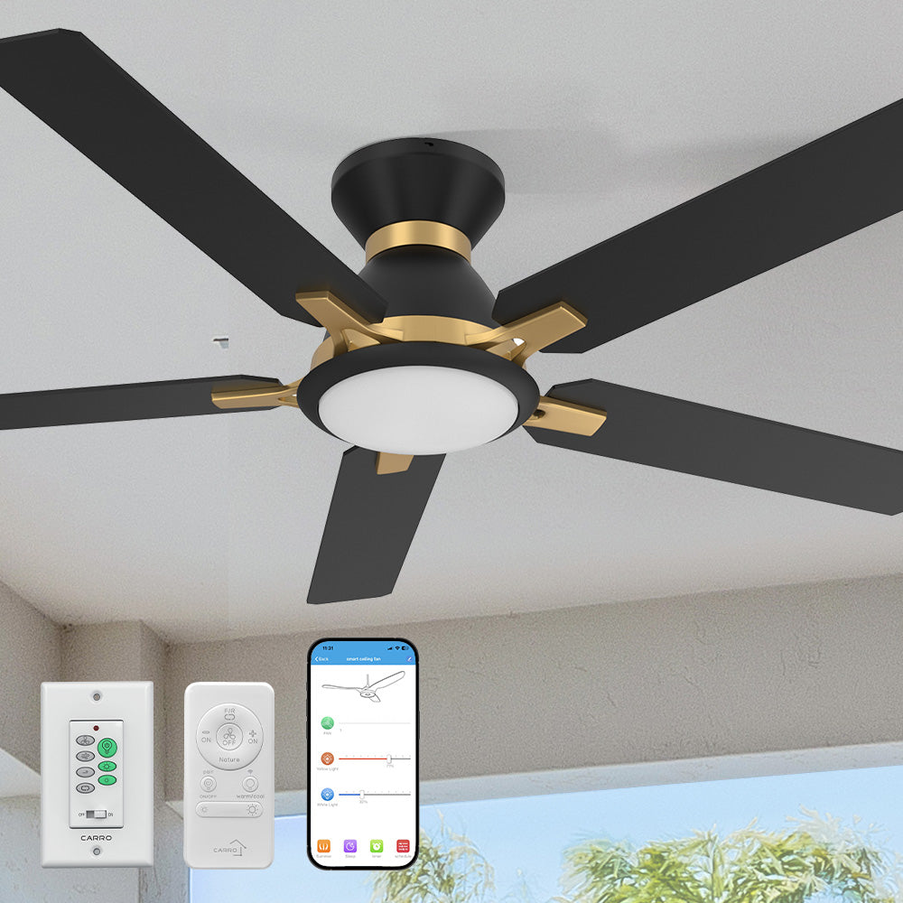 Smafan Essex2 52 inch flush mount smart ceiling fans with light design with wall switch, remote, black-gold finish, use elegant plywood blades, glass shade and has an integrated 4000K LED daylight. 