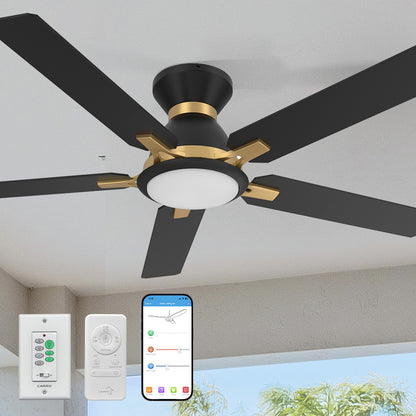 Smafan Essex2 52 inch flush mount smart ceiling fans with light design with wall switch, remote, black-gold finish, use elegant plywood blades, glass shade and has an integrated 4000K LED daylight. 