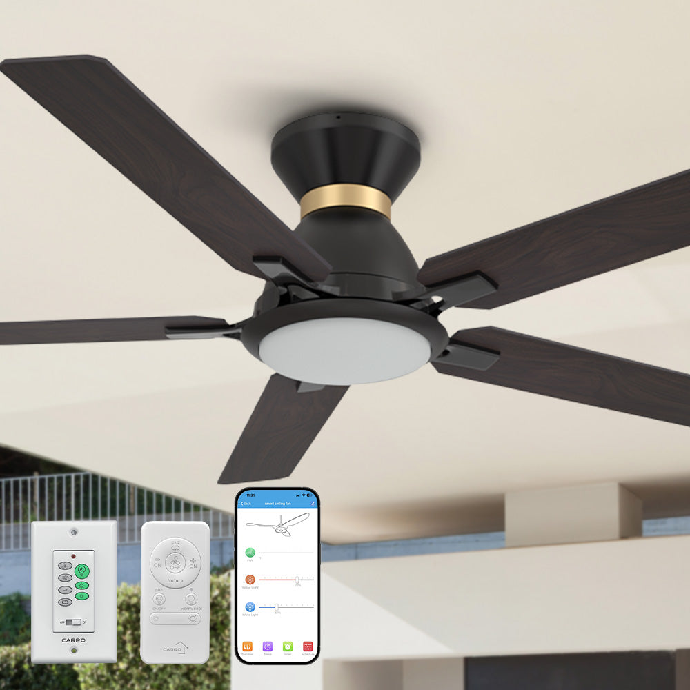 Smafan Essex 52 inch flush mount smart ceiling fans with light design with dark wood finish, use elegant plywood blades, glass shade and has an integrated 4000K LED daylight. 