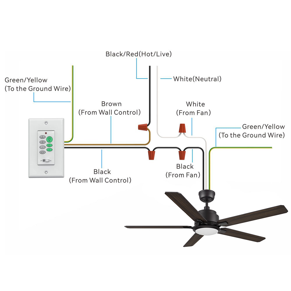 Illustration of the Essex 52-inch ceiling fan wiring setup with wall switch control. It shows the connection of various wires: Black/Red (Hot/Live), White (Neutral), Green/Yellow (Ground), and Black/Brown wires from the wall control and ceiling fan. The image includes a black ceiling fan with five blades, a wall control switch with multiple buttons, and detailed wiring instructions for proper installation. 