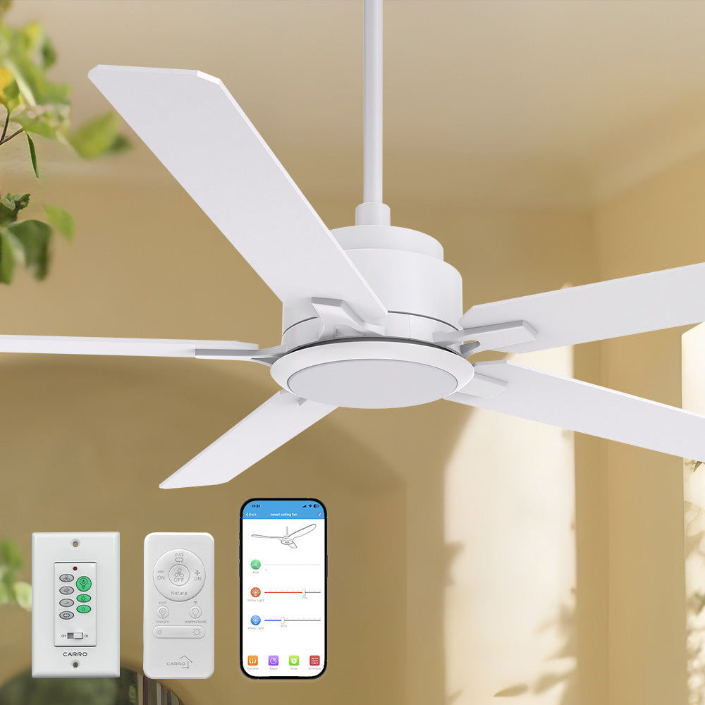 Smafan Carro Essex II 56-inch smart outdoor ceiling fan in white finish, featuring five flat blades and an integrated LED light kit. Includes wall control, handheld remote, and smartphone app for smart control. Installed in a covered patio or sunroom with soft beige walls. 