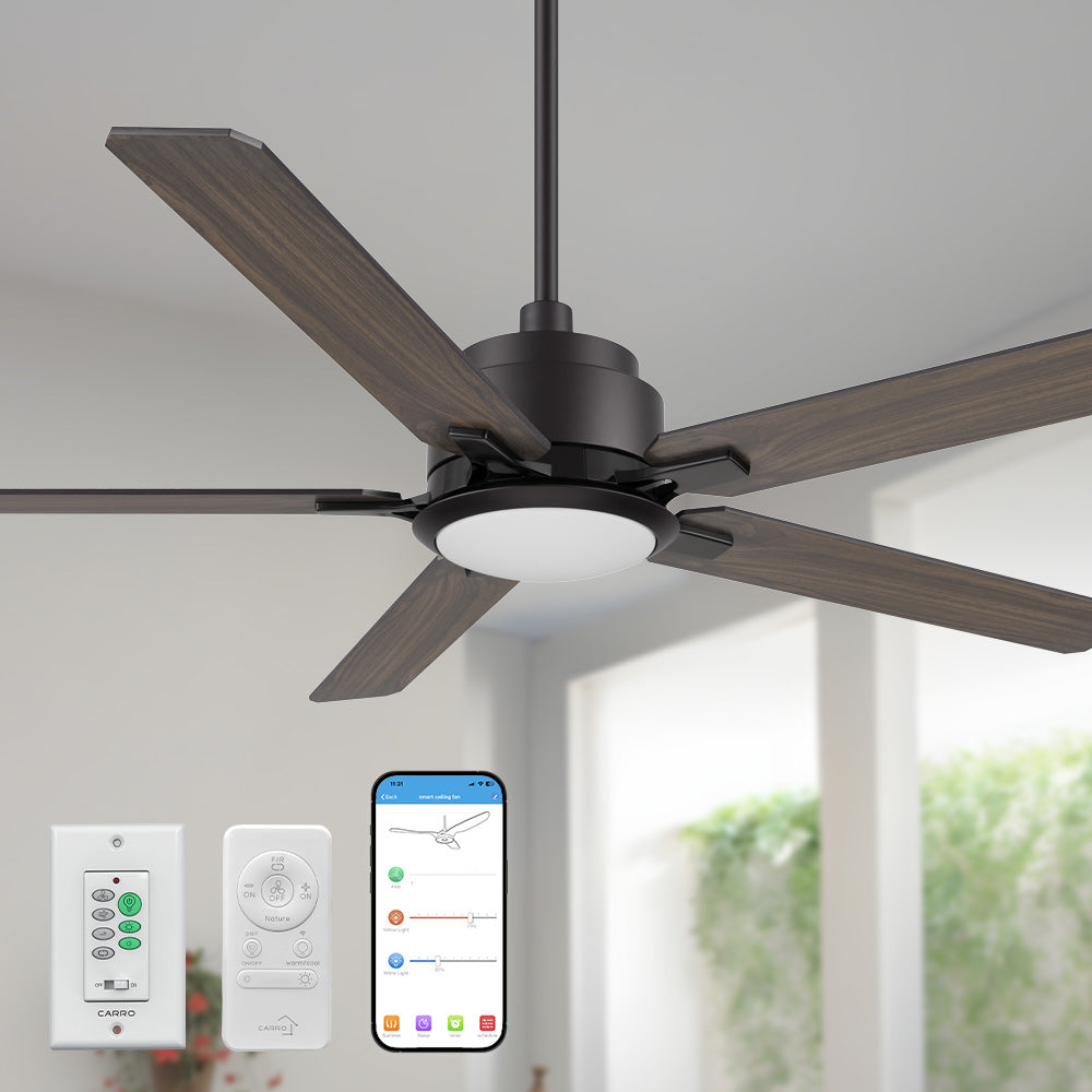 Carro Essex 56 inch smart ceiling fan with dark wood finish, elegant Plywood blades and integrated 4000K LED cool light.