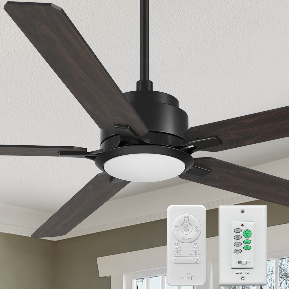 Carro Essex 56 inch smart ceiling fan with dark wood finish, elegant Plywood blades and integrated 4000K LED cool light.