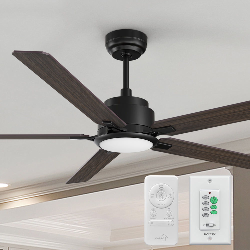 Carro Essex 60 inch smart ceiling fan with dark wood finish, elegant Plywood blades and integrated 4000K LED cool light.