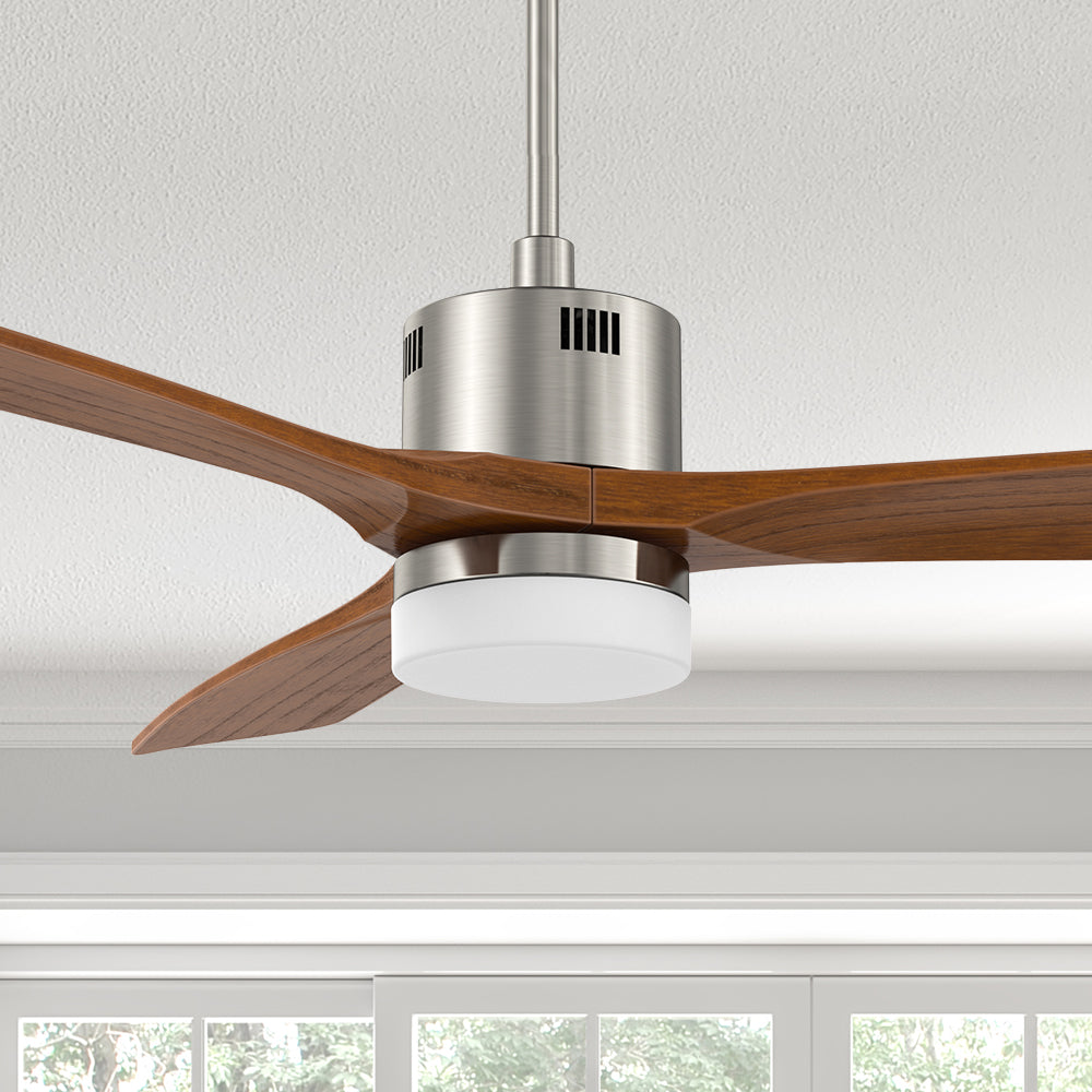 This Eton low-profile outdoor ceiling fan features a reversible motor and smart home functions, making it a versatile and stylish addition to any outdoor living area
