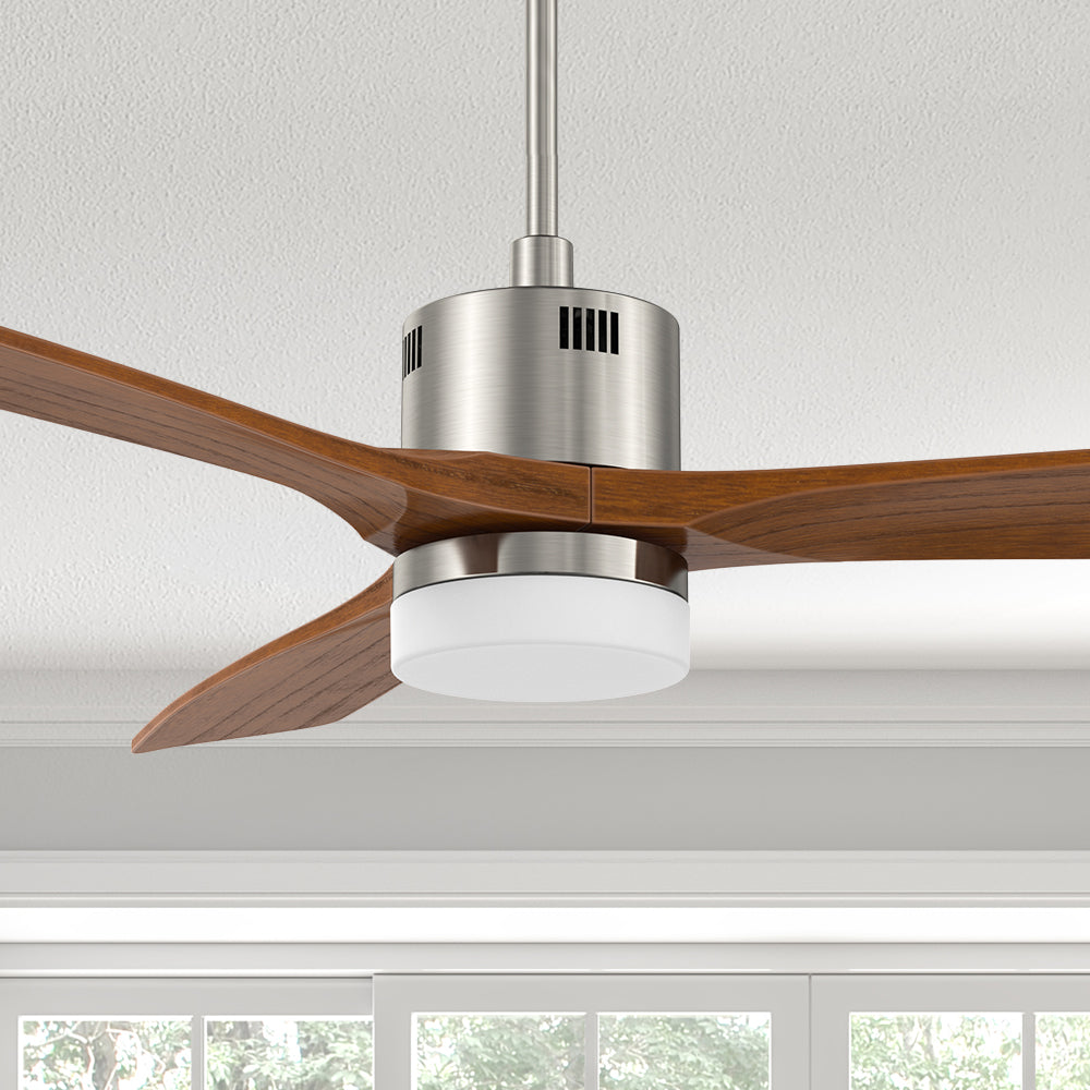 This Eton low-profile outdoor ceiling fan features a reversible motor and smart home functions, making it a versatile and stylish addition to any outdoor living area 