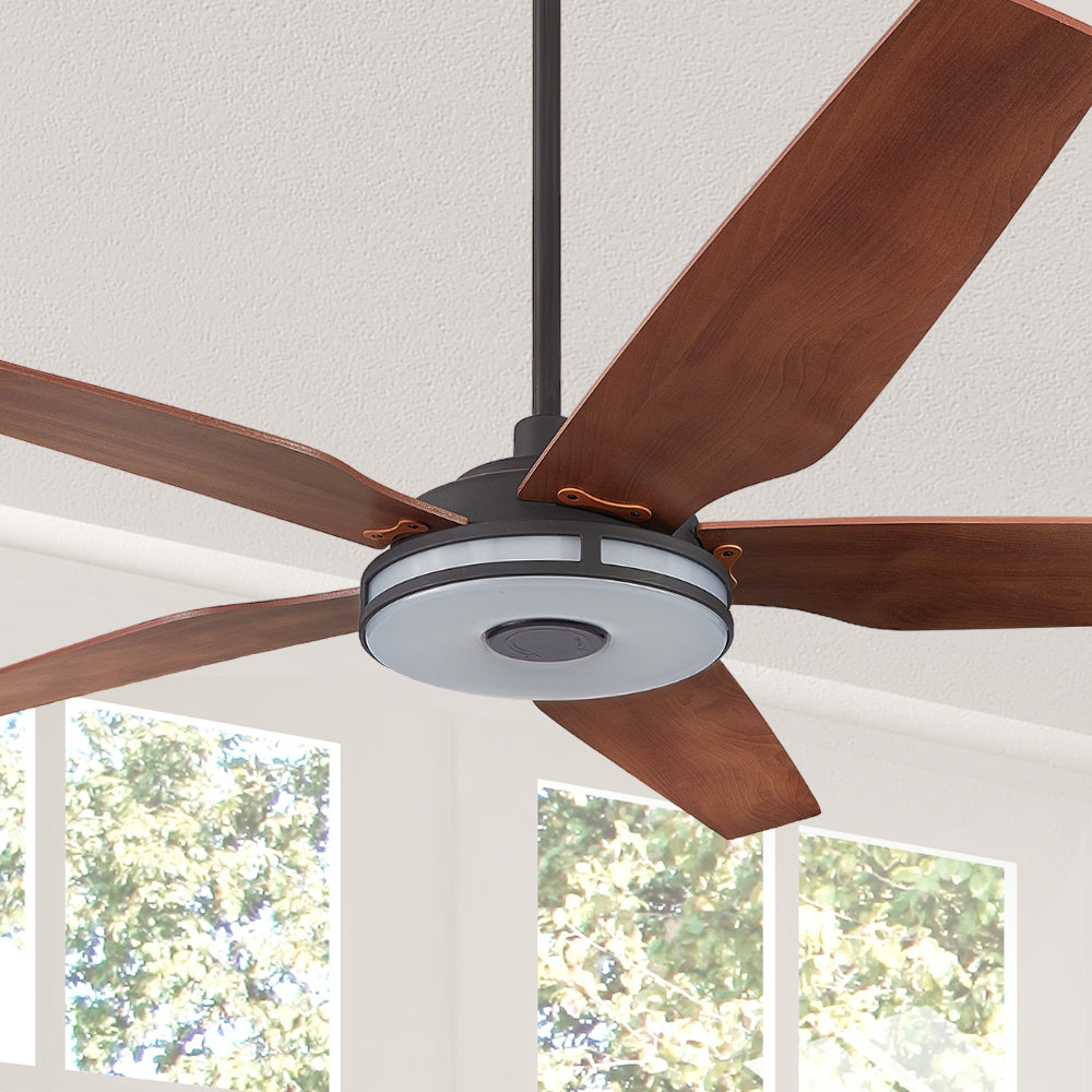 The Smafan Explorer 52 inch smart outdoor ceiling fan with dimmable integrated LED, 10-speed whisper-quiet DC motor. #color_Fine-Wood