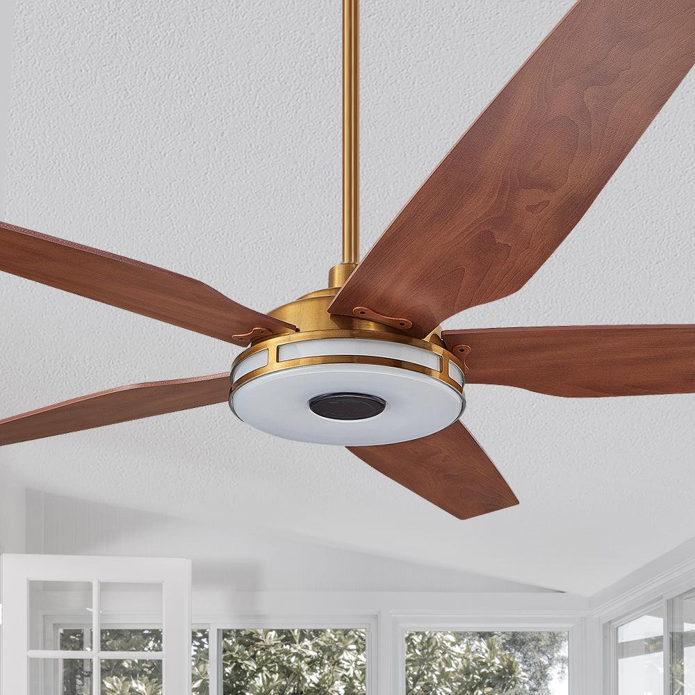 The Smafan Explorer 52 inch smart outdoor ceiling fan with dimmable integrated LED, 10-speed whisper-quiet DC motor. #color_Gold