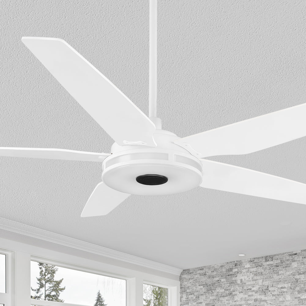 The Smafan Explorer 52 inch smart outdoor ceiling fan with dimmable integrated LED, 10-speed whisper-quiet DC motor. #color_Pure-White