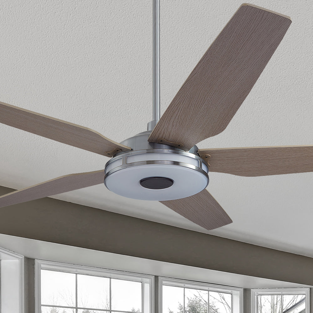 The Smafan Explorer 52 inch smart outdoor ceiling fan with dimmable integrated LED, 10-speed whisper-quiet DC motor. #color_Silver