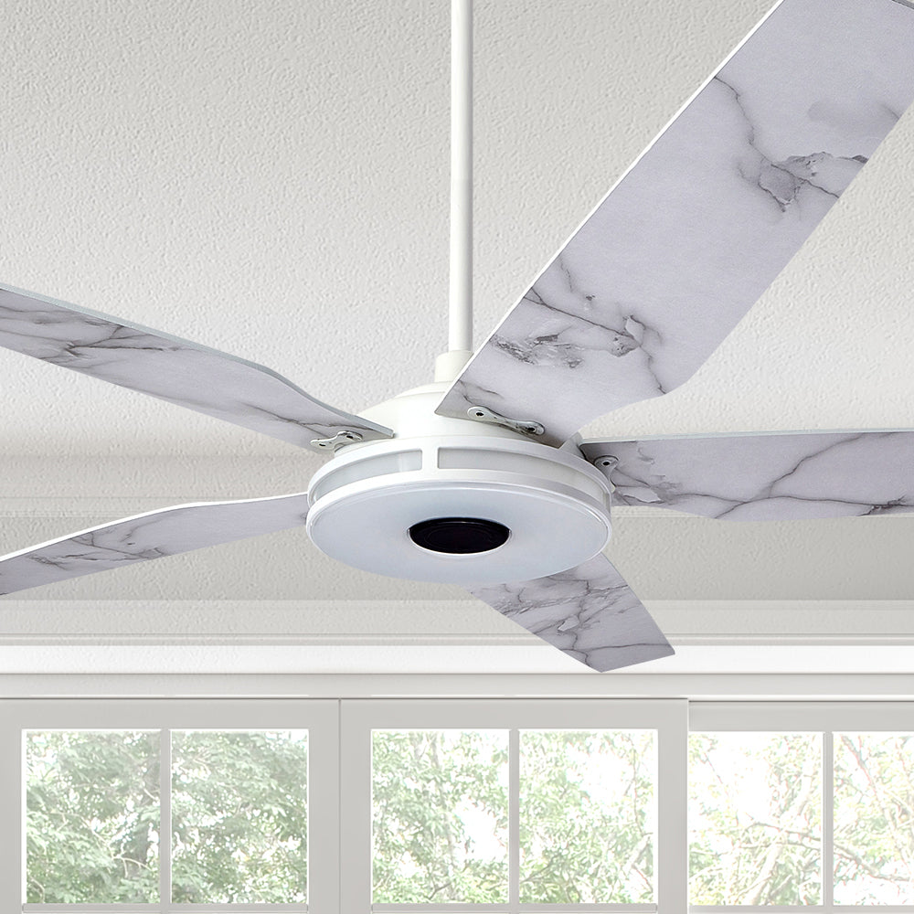 The Smafan Explorer 52 inch smart outdoor ceiling fan with dimmable integrated LED, 10-speed whisper-quiet DC motor. #color_White