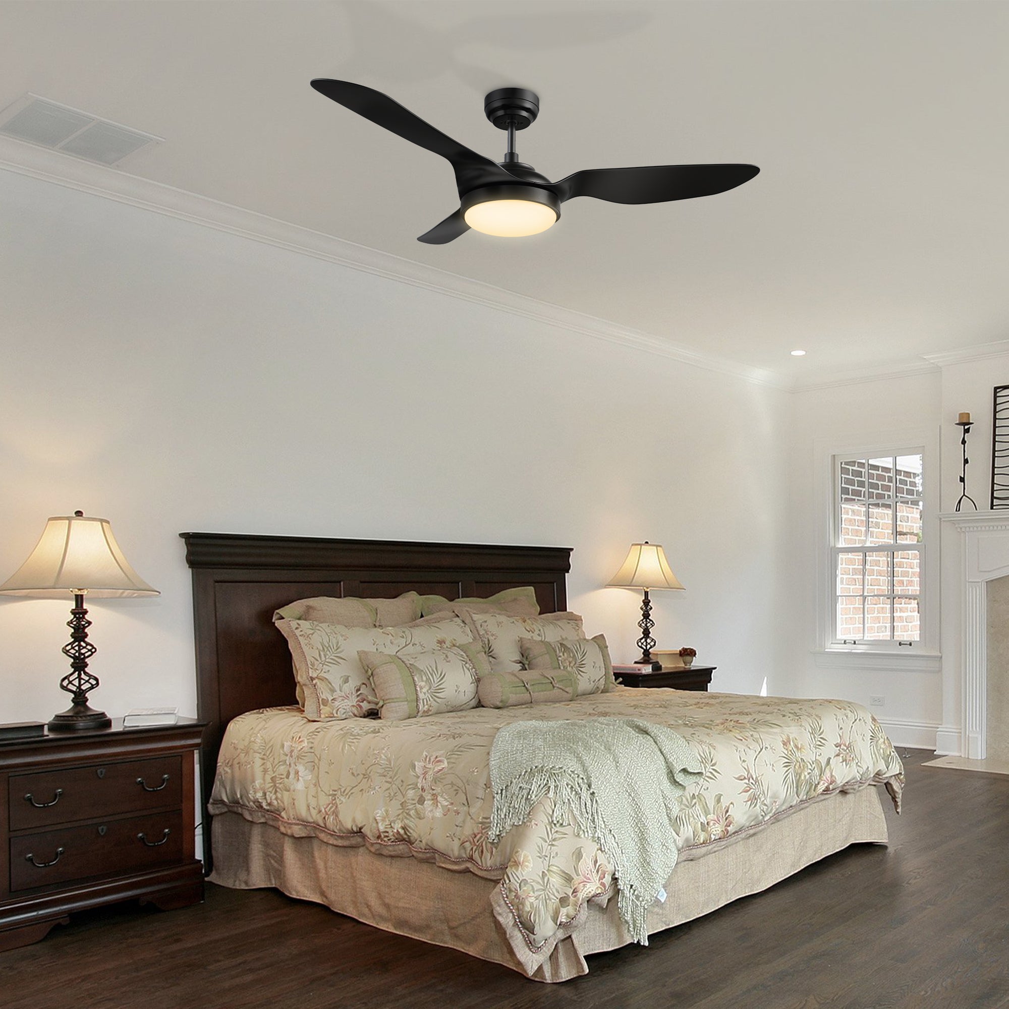 Carro Falkirk 52 inch smart ceiling fan with 3 blades and 4.5 inch downrod, black design, downrod mounted in a modern bedroom. 