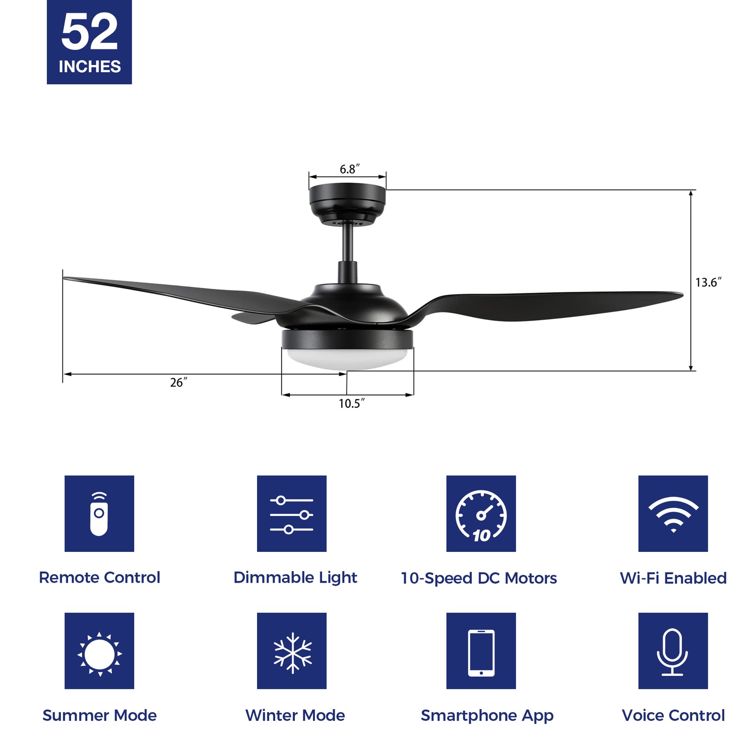 Detail size of Falkirk 52 inch smart ceiling fan with light, indoor and outdoor used. 