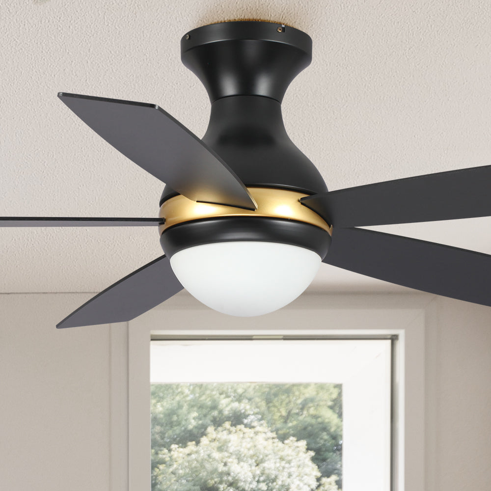 Carro Fannin 52 inch smart outdoor ceiling fan design with black and gold finish, elegant Plywood blades and integrated 4000K LED cool light. 