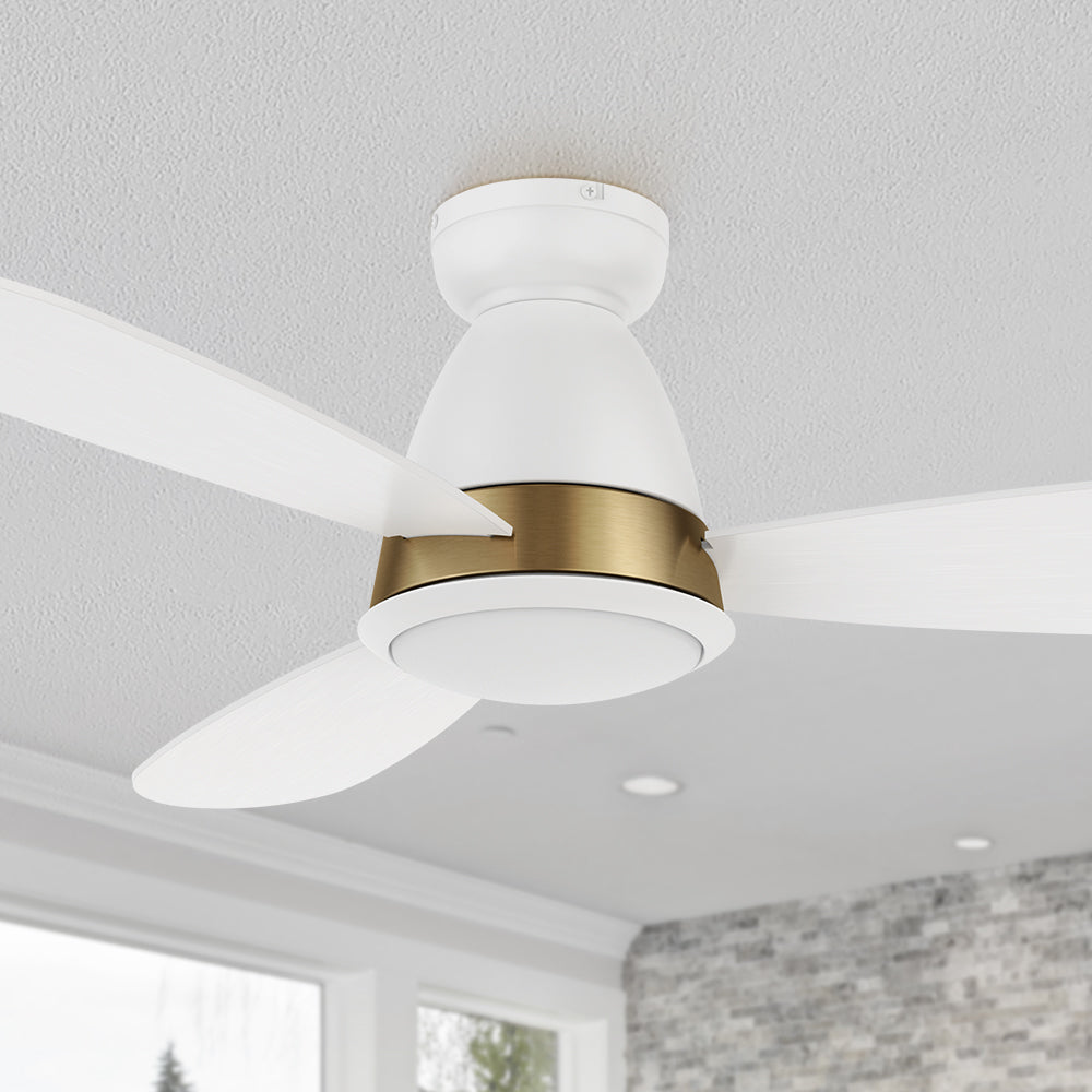 Carro Fayette 52 inch smart ceiling fan with light, flush mount design, white and gold finish, elegant Plywood blades and integrated 4K LED daylight. 