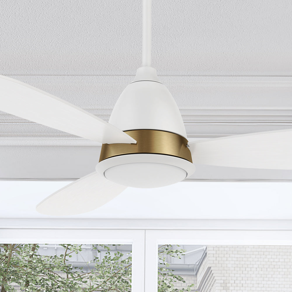 Carro Fayette 52 inch smart ceiling fan with light design with white and gold finish, elegant Plywood blades and integrated 4K LED daylight. 