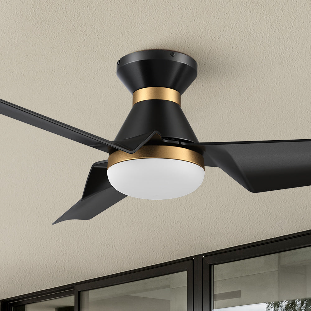 Smafan Jett 52 inch smart ceiling fan designed with Black and gold finish, strong ABS blades and integrated 4000K LED daylight.