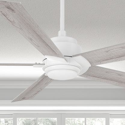 Carro Kalmar 60 inch remote control ceiling fan design with a white and lightwood finish, elegant Plywood blades and an integrated 4000K LED cool light. 