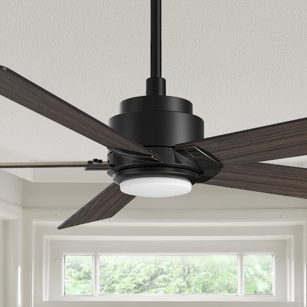 Carro Kalmar 60 inch remote control ceiling fan design with a wood finish, elegant Plywood blades and an integrated 4000K LED cool light. 