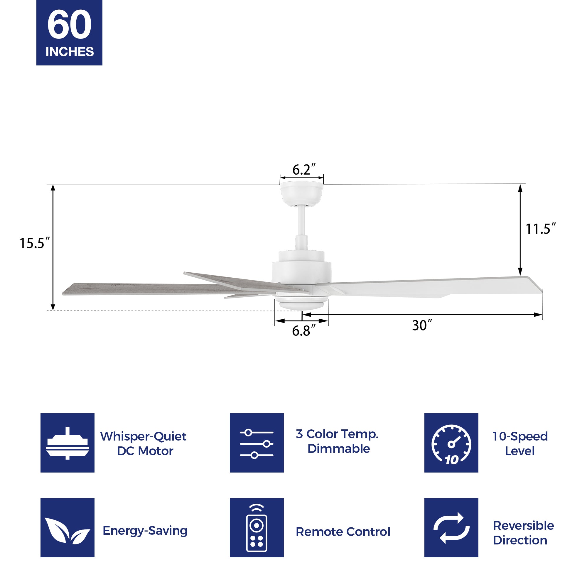 Detail size of Carro Kalmar 60 inch remote control ceiling fan with light, designed with white and light wood finish, elegant Plywood blades.  