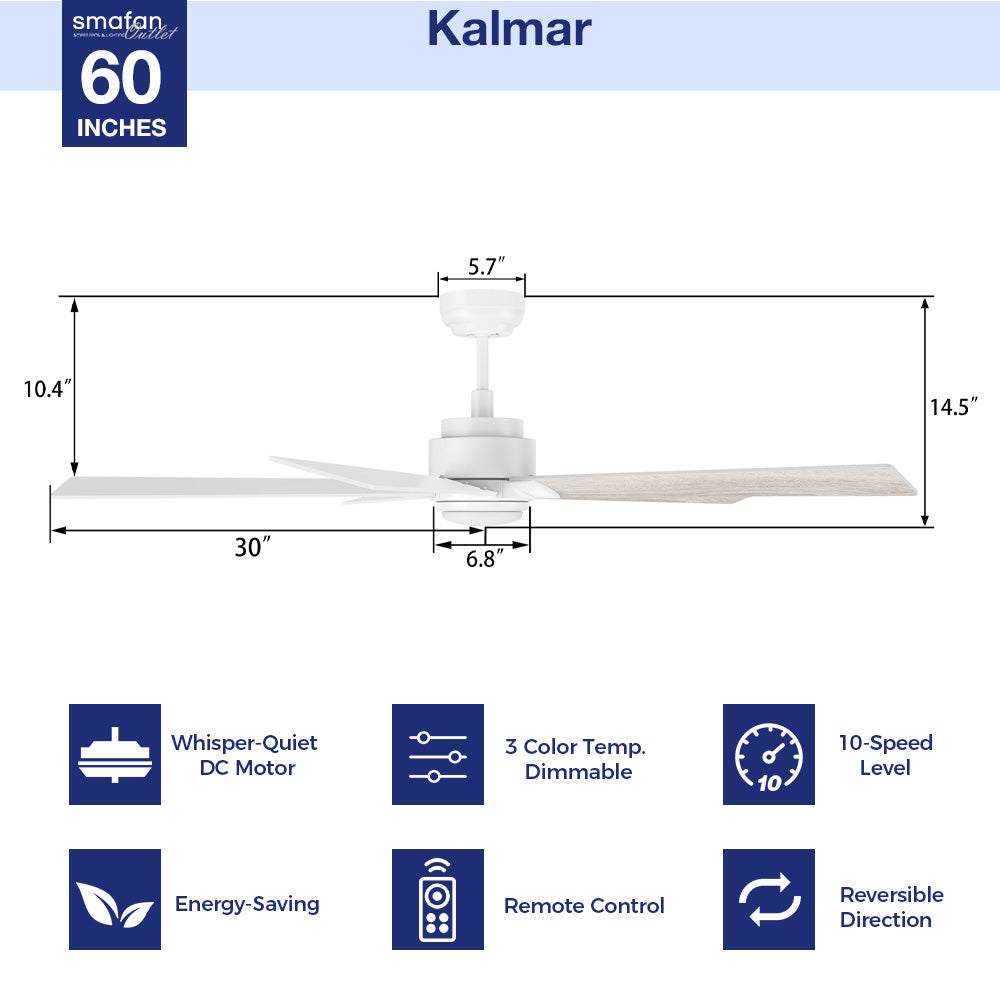 Detail size of Carro Kalmar 60 inch remote control ceiling fan with light, designed with white and light wood finish, elegant Plywood blades. 