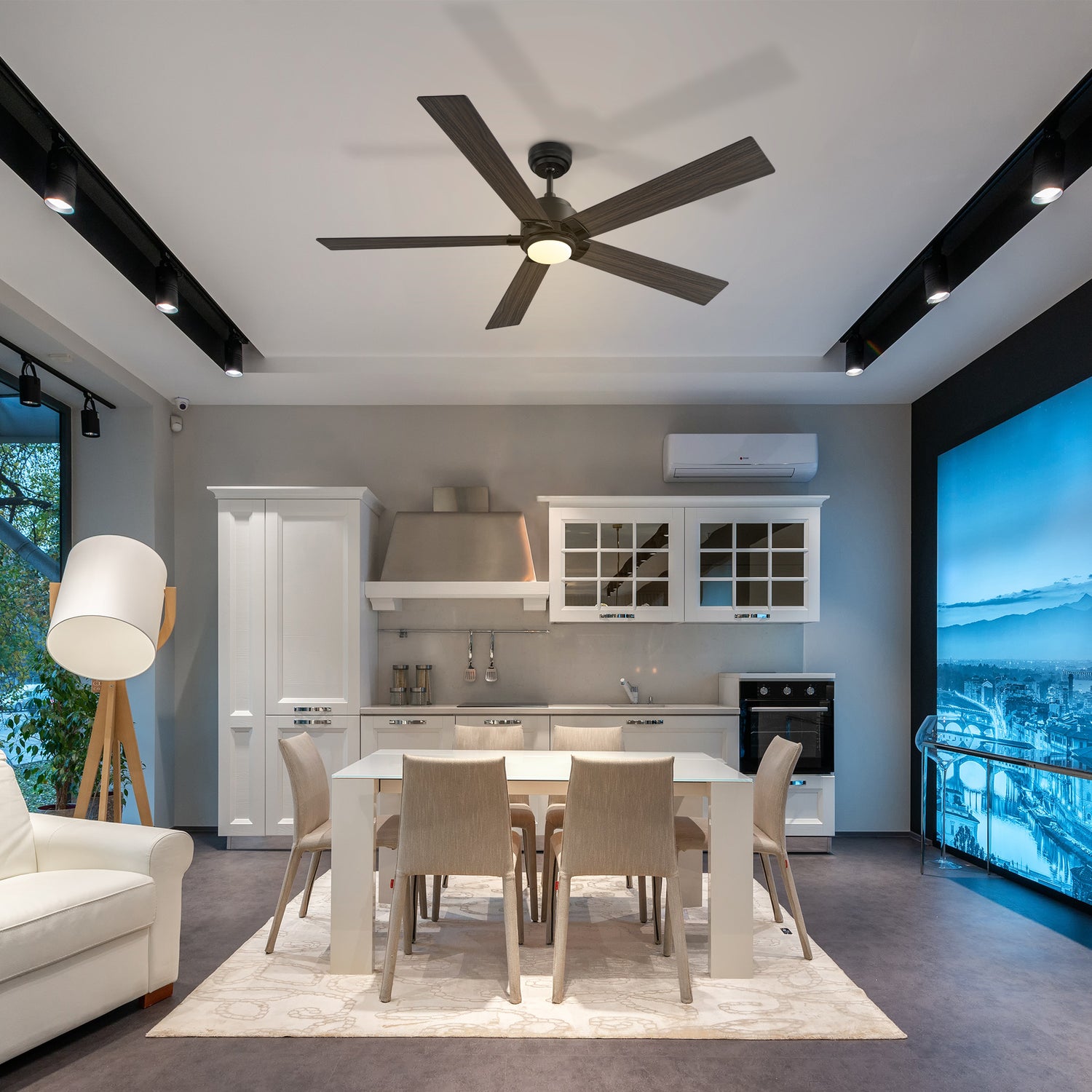 Remote control ceiling fan enhances dining room decor, combining style and functionality for a comfortable dining experience 