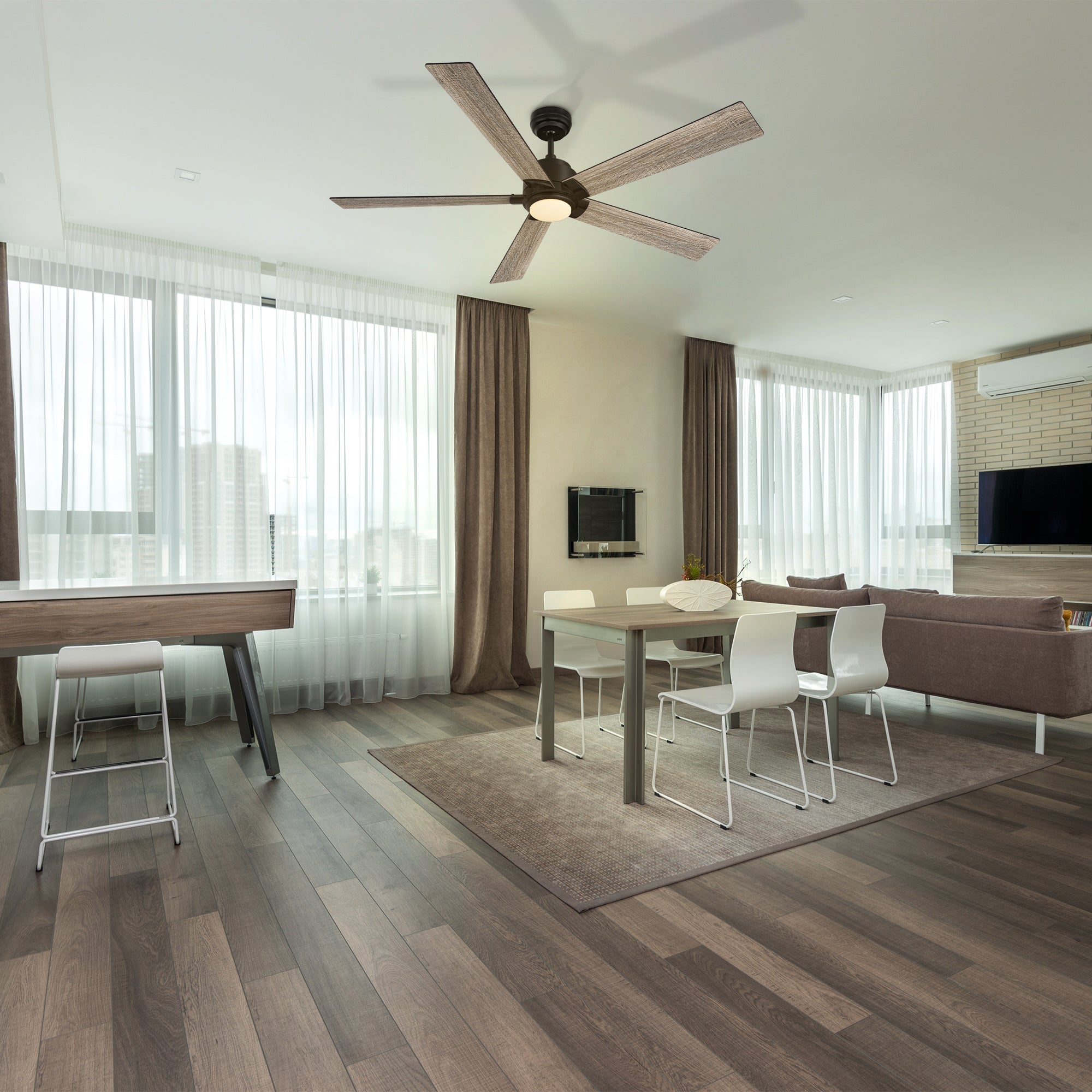 Remote control ceiling fan adds a stylish touch to living room decor, providing comfort and convenience at your fingertips. #color_Wood