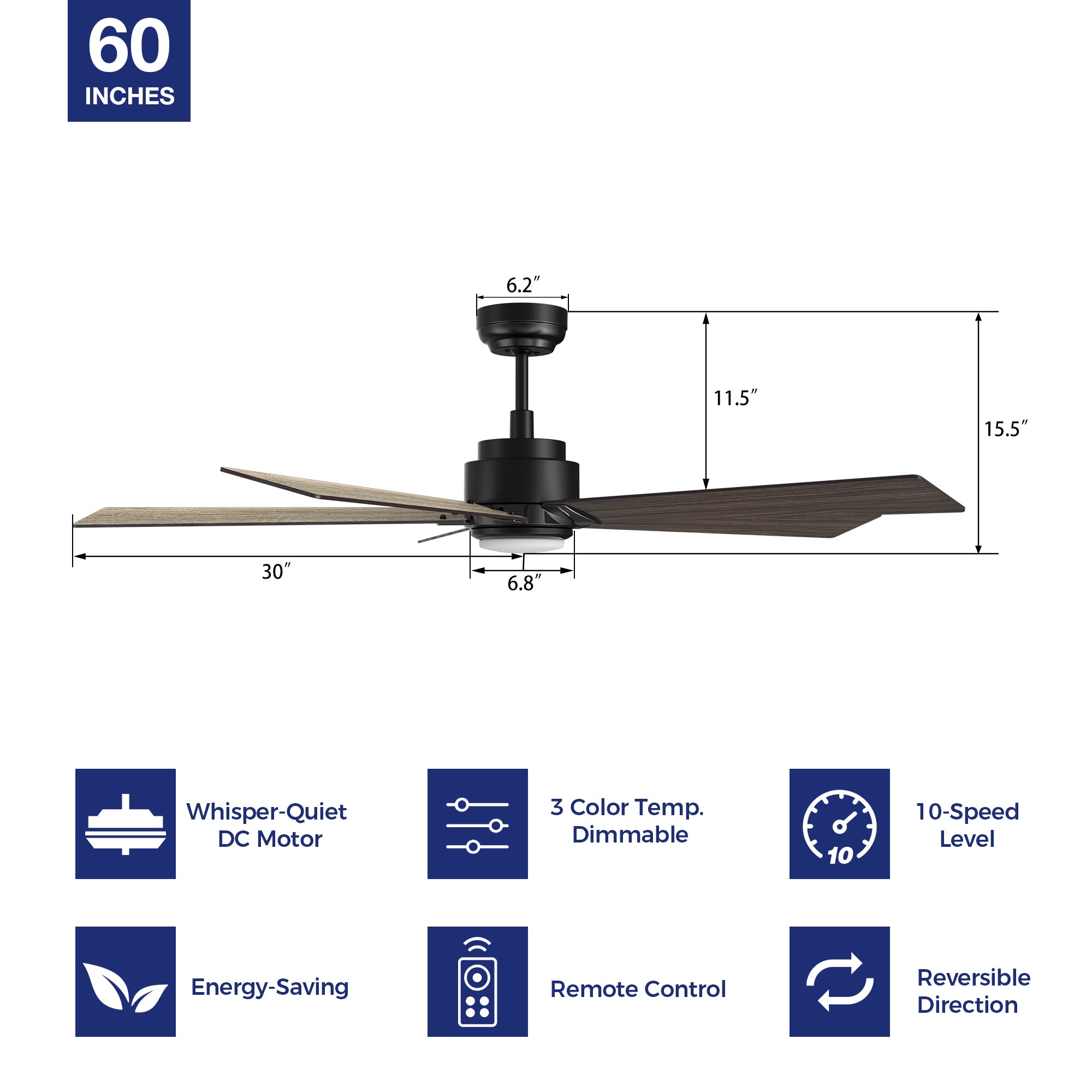 Detail size of Carro Kalmar 60 inch remote control ceiling fan with light, designed with a wood finish, elegant Plywood blades. 