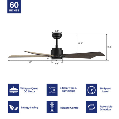 Detail size of Carro Kalmar 60 inch remote control ceiling fan with light, designed with a wood finish, elegant Plywood blades. 